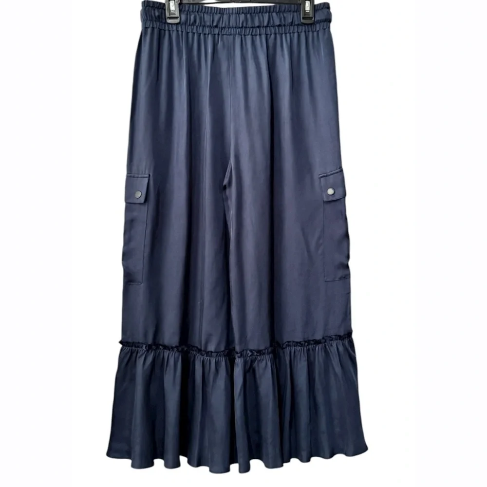 Cinq a Sept Priscilla Wide Leg Ruffle Hem Cargo Navy Blue Pants Women’s Medium - Picture 5 of 9